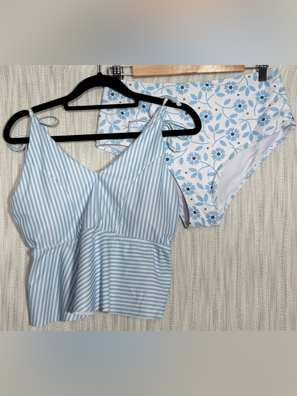 Light Blue Striped Tankini Top & Floral High-Waist Bottoms - Women Swim
